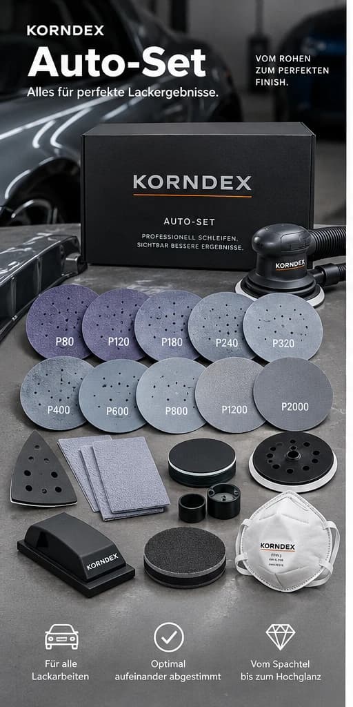 KORNDEX Auto-Set: Schachtel, Schleifscheiben von grob bis fein und Zubehör für Lackarbeiten