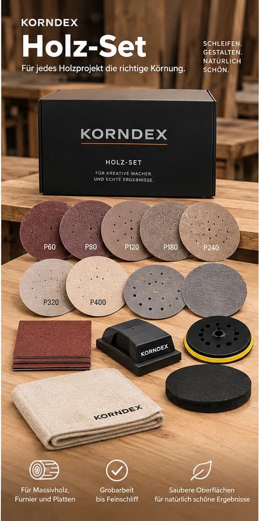 KORNDEX Holz-Set: Schachtel, Schleifscheiben für Holz, Bögen, Handschleifer und Schleifteller